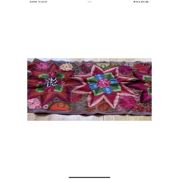Antique Table Runner 90”x15” Vibrant Colors Intricate Embroidery Floral and Star - Picture 6 of 12